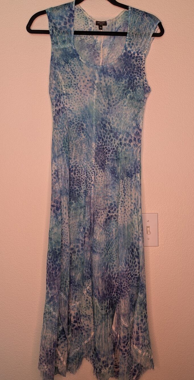 Komarov Blue Crinkle Chiffon Midi Dress Abstract M Travel Wrinkle Resistant Chic